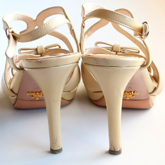 Prada Pale Yellow Patent Leather Strappy Platform Heels Sandals w Bow Size 7.5 - Picture 16 of 16